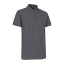 Grå poloshirt vises stående nærbillede mod en hvid baggrund. Tekst på indersiden af kraven viser mærket "ID Identity" og størrelsen "Medium".