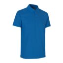 En blå kortærmet poloshirt med knaplukning foran, stående på en neutral hvid baggrund.