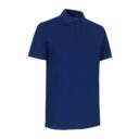 En mørkeblå poloshirt med korte ærmer og krave samt tre knapper ved halsen står frit mod en hvid baggrund.