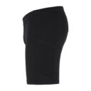 Sort par shorts med sidelomme, vises fra siden mod en hvid baggrund.