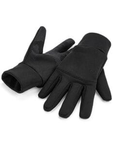 Et par sorte handsker liggende side om side på en hvid baggrund. Den ene handske viser sin håndflade, der har et mønstret grip.