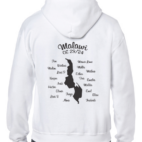 Hvid hættetrøje viser et sort kort over Malawisøen med teksten: "Malawi Lake of Stars" og søens byer: "Karonga, Mzuzu, Nkhata Bay, Nkhotakota, Salima, Monkey Bay, Mangochi."