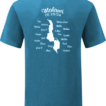 Blå T-shirt med teksten "Malawi OE 23/24" over et kort. Omgivet af navne: Tine, Nadia, Kristina, Lise, Tim, Malene, Liva P, Kasper, Jacob, Hector, Elias, Liva B, Alma, Manna Line, Malthe, Esten, Dan, Senida, Matilde, Mælika, Emil, Elias, Frederik.