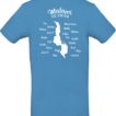 Blå T-shirt viser et kort over Malawi med søer, floder og byer markeret. Øverst står teksten "capetown to cairo". Kortet indeholder navne som Mzuzu, Lilongwe, Namitete, Blanytre og flere.