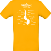 Gul T-shirt med teksten "Malawi OE 23/24" på ryggen. Omgivet af navne som Tim, Malene, Kassandra, Jonas, og flere, arrangeret omkring et billede af Malawi.