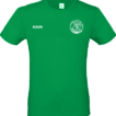 Grøn T-shirt med teksten "NAVN" og et rundt logo på brystet. Logoet indeholder en figur og tekst. T-shirten er placeret mod en hvid baggrund.