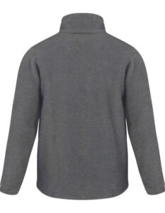 Grå fleecejakke hænger stille med langærmet design, set bagfra, mod en hvid baggrund.