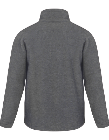 Grå fleecejakke hænger stille med langærmet design, set bagfra, mod en hvid baggrund.