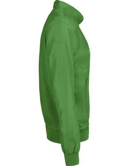 Grøn jakke set fra siden; intet mærke eller mønster synligt; isoleret mod en hvid baggrund.
