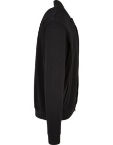 Sort sweatshirt, set fra siden, med lange ærmer og rund hals, hænger mod en hvid baggrund. Designet er enkelt og uden synlige logoer.