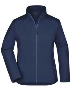 Jakke i navy blå, lynet lukket op, med lange ærmer, placeret mod en hvid baggrund. Stoffet ser ud til at være glat og vandafvisende.
