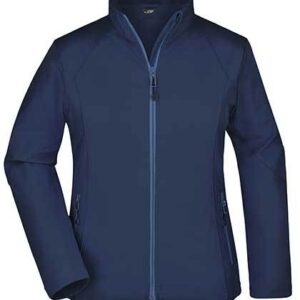 Jakke i navy blå, lynet lukket op, med lange ærmer, placeret mod en hvid baggrund. Stoffet ser ud til at være glat og vandafvisende.