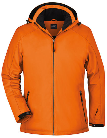 Orange jakke med hætte og lynlås; hænger frit mod en hvid baggrund. Designet med side- og håndlommer, og manchetter med velcro, giver et sporty, funktionelt udtryk velegnet til udendørsbrug.