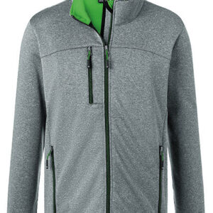 Jakke i grå med grøn inderside hængende på en neutral baggrund. Den har lynlåse på brystet og lommer, samt en hætte, som giver et sporty udseende.
