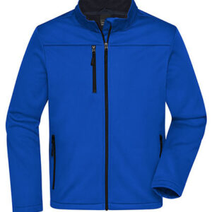 En blå jakke med lynlås og lommer ses mod en hvid baggrund. Jakken har en stående krave og en sort stribe på fronten. Ingen tekst er synlig.