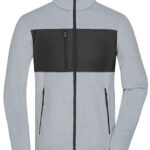 Grå sweatshirt med lynlås og sort panel på brystet hænger flat. Lynlåslommer er synlige på hver side. Baggrund er enkel og ensfarvet. Ingen tekst til stede.