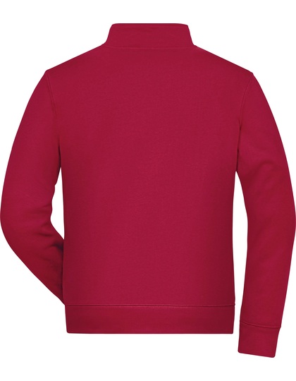 Rød sweatshirt set bagfra, hænger stille mod en hvid baggrund. Stoffet er ensfarvet uden synligt mønster eller detaljer.
