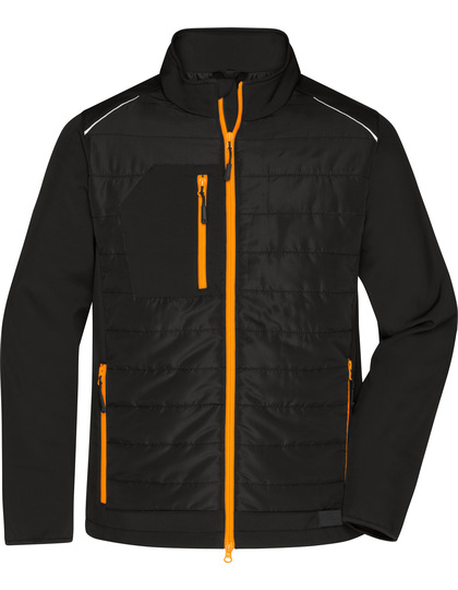 Sort jakke med orange lynlåse og detaljer, placeret mod en hvid baggrund. Jakken har en høj krave og flere lommer med lynlås.