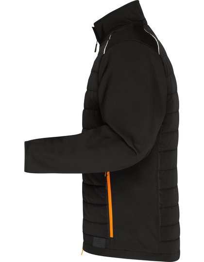 Sort jakke set fra siden, med en orange stribe langs siden. Personen står oprejst mod en hvid baggrund.