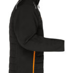 Sort jakke med langærmet design, står oprejst med lynlås og orange detaljer. Indsætter i en neutal, hvid baggrund.
