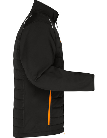Sort jakke med langærmet design, står oprejst med lynlås og orange detaljer. Indsætter i en neutal, hvid baggrund.