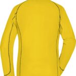 Gul trøje med lange ærmer og sorte syninger ses bagfra; placeret mod en hvid baggrund. Trøjen har oprejst krave og sporty design. Ingen tekst til stede.