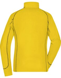 Gul trøje med lange ærmer og sorte syninger ses bagfra; placeret mod en hvid baggrund. Trøjen har oprejst krave og sporty design. Ingen tekst til stede.