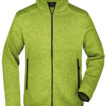 Limegrøn fleecejakke med lynlås foran i midten. To sidelommer med lynlåse. Placeret mod en hvid baggrund.