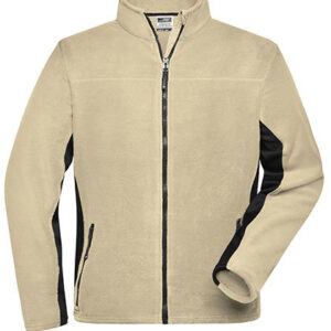 Lysebrun fleecejakke med sort indsats på sidene, lynlås foran og to lynlåslommer. Jakken ligger fladt, præsenteret forfra, mod en hvid baggrund.