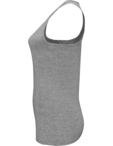 Grå tanktop vises fra siden, hænger uforstyrret, uden synlig tekst eller dekoration, på en ensfarvet hvid baggrund.