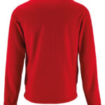 Rød sweater ligger fladt med lange ærmer, synet fra ryggen, uden synlige mønstre eller dekorationer. Baggrunden er hvid, hvilket fremhæver trøjens klare farve. Ingen tekst til stede.