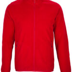 Rød sweatshirt hænger stille; ingen bemærkelsesværdige detaljer eller tekst. Baggrunden er hvid, hvilket fremhæver tøjets farve og minimalistiske design.