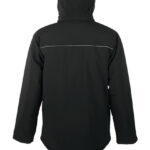 En sort jakke med hætte vises fra bagsiden, hængende frit uden synlige bevægelser, mod en hvid baggrund.