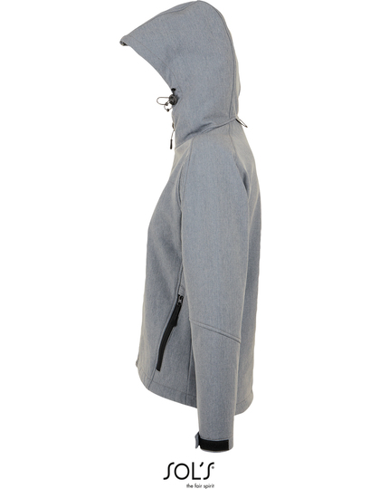 Grå jakke på mannequin, set fra siden, med hætte oppe og lynlåse ved lommerne, præsenteret mod en hvid baggrund.