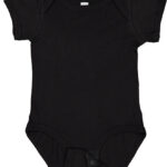 Sort body suit ligger fladt, skabende et enkelt tøjstykke uden tekst eller mønster, placeret mod en ensfarvet hvid baggrund.