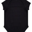 Sort baby-body uden synlige mønstre eller tekst, ligger fladt på en hvid baggrund. Kortærmet med rund halsudskæring og knaplukning ved bunden.