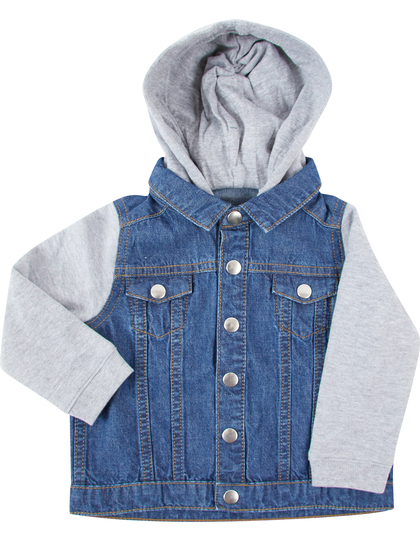 Jakke med denim krop og grå hætte samt ærmer; syv metalknapper langs fronten; to brystlommer med flapper. Designet er afslappet og moderne, velegnet til børn.
