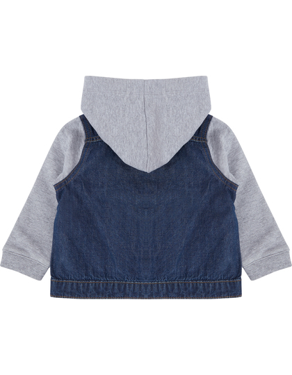Børnejakke med grå hætte og ærmer fastgjort til en blå denimvest, set bagfra mod en hvid baggrund.