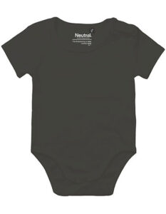Mørkegrøn body med korte ærmer. Tekst: "Neutral® The Responsible Choice Certified 100% Organic Fairtrade Cotton". Ligger på en hvid baggrund.