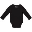 Sort babybody med lange ærmer. Der står tekst indeni: "Neutral® 12-18 m / 86 cm 100% Økologisk Bomuld Made in India". Placering mod en hvid baggrund.