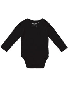 Sort babybody med lange ærmer. Der står tekst indeni: "Neutral® 12-18 m / 86 cm 100% Økologisk Bomuld Made in India". Placering mod en hvid baggrund.