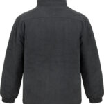Jakke i mørkegråt fleece, set bagfra, med en høj krave og elastiske manchetter, præsenteret mod en hvid baggrund. Ingen tekst er til stede.
