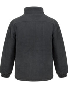 Jakke i mørkegråt fleece, set bagfra, med en høj krave og elastiske manchetter, præsenteret mod en hvid baggrund. Ingen tekst er til stede.