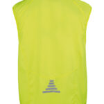 Refleksvest i neongul farve ligger fladt på en hvid baggrund med et gråt, trekantet symbol nær bunden.