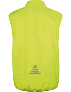 Refleksvest i neongul farve ligger fladt på en hvid baggrund med et gråt, trekantet symbol nær bunden.