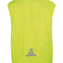 Refleksvest i neongul farve ligger fladt på en hvid baggrund med et gråt, trekantet symbol nær bunden.