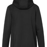 Sort hættetrøje set bagfra, uden synlige detaljer eller mærker. Hætten er hævet, og stoffet ser glat ud. Trøjen hænger lige ned i et neutralt, hvidt rum.