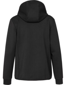 Sort hættetrøje set bagfra, uden synlige detaljer eller mærker. Hætten er hævet, og stoffet ser glat ud. Trøjen hænger lige ned i et neutralt, hvidt rum.