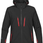Sort jakke præsenteres med rød lynlås og to sidelommer, i en neutral hvid baggrund, hvilket fremhæver beklædningens sporty og funktionelle design.