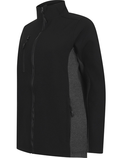 Sort og grå softshell-jakke med lynlåslukning, flere lommer, og høj krave. Designet til udendørs brug og præsenteret mod en neutral, hvid baggrund.